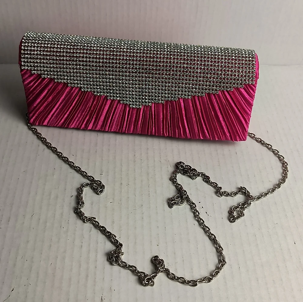 Satin Clutch Bag Faux Rhinestone Plaited Hot Pink Metal Strap Cocktail Party